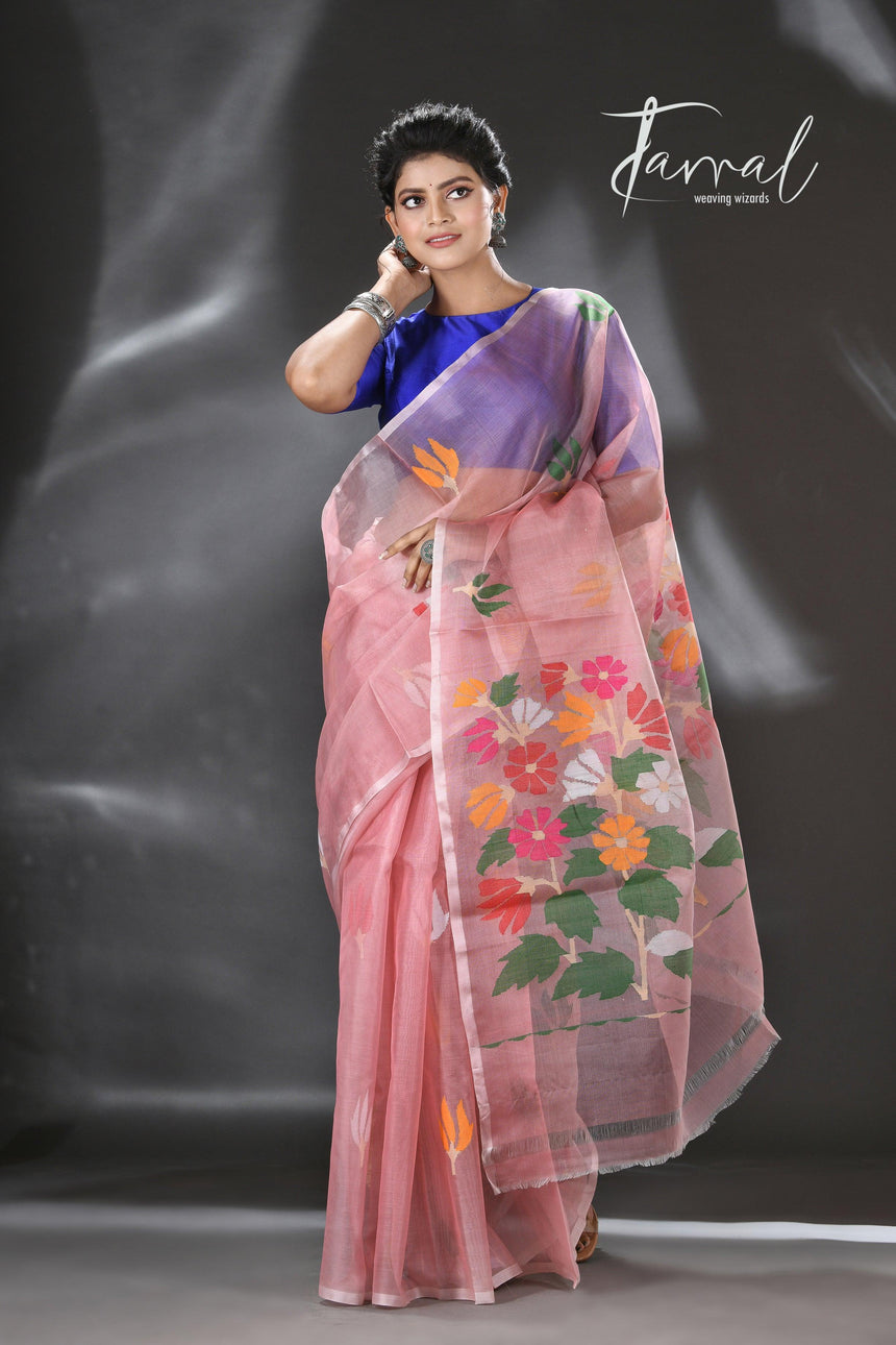 Pink with multi colour pallu floral with butas allover handwoven jamadani saree in muslin silk - Tamal Boutique