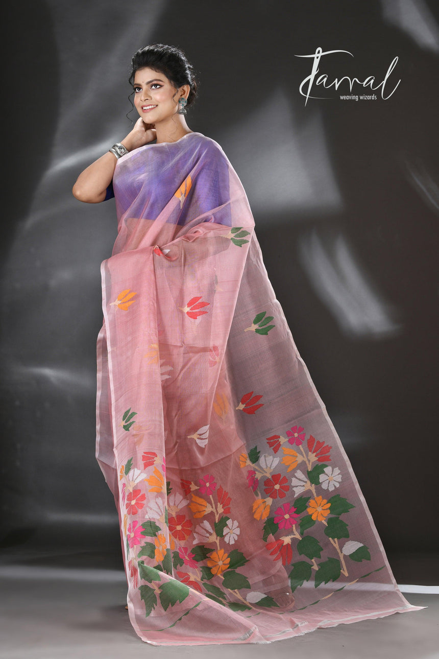 Pink with multi colour pallu floral with butas allover handwoven jamadani saree in muslin silk - Tamal Boutique