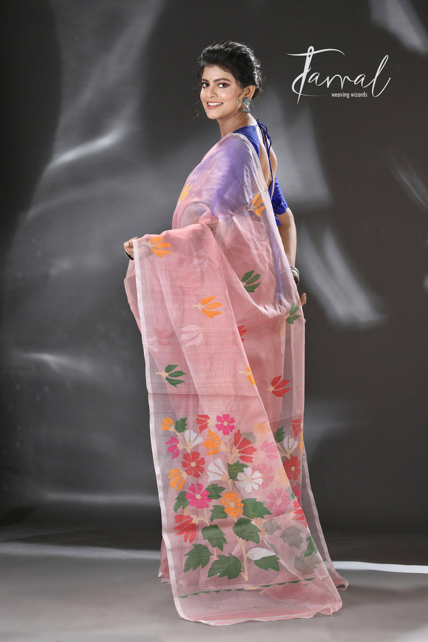 Pink with multi colour pallu floral with butas allover handwoven jamadani saree in muslin silk - Tamal Boutique
