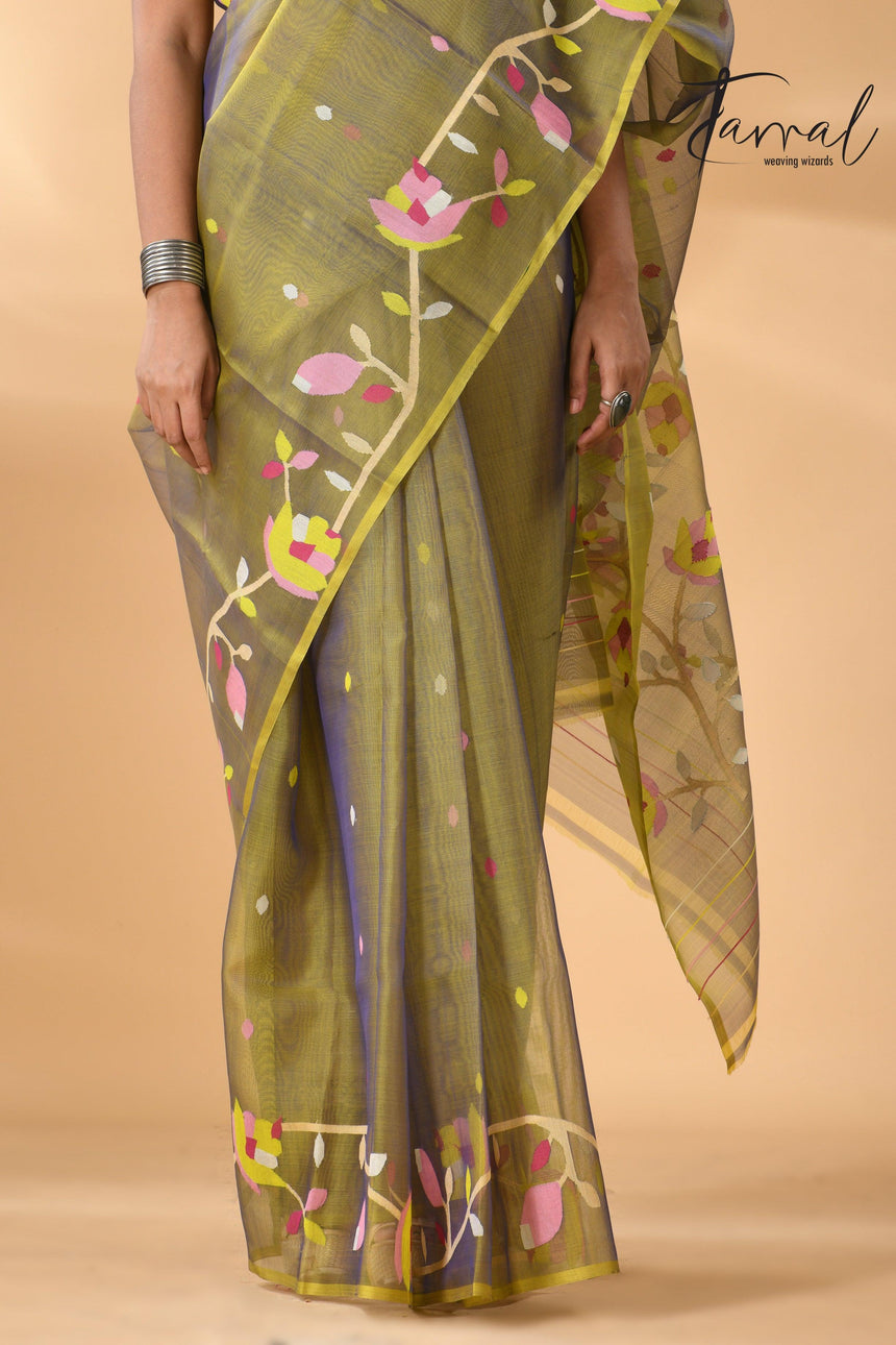 Yellowish blue dual tone muslin silk floral border handwoven jamdani saree - Tamal Boutique