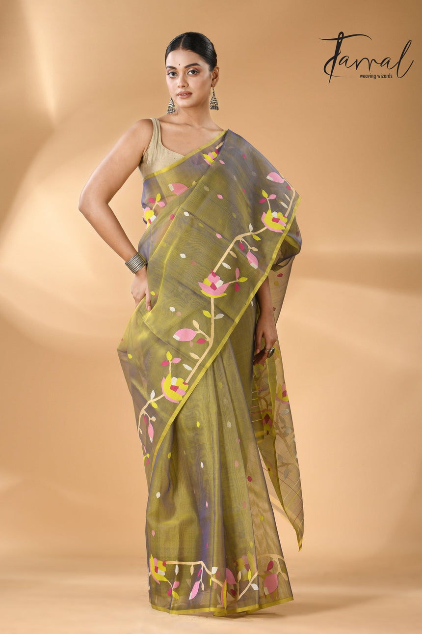 Yellowish blue dual tone muslin silk floral border handwoven jamdani saree - Tamal Boutique