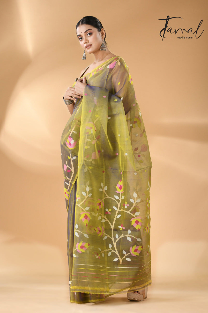 Yellowish blue dual tone muslin silk floral border handwoven jamdani saree - Tamal Boutique