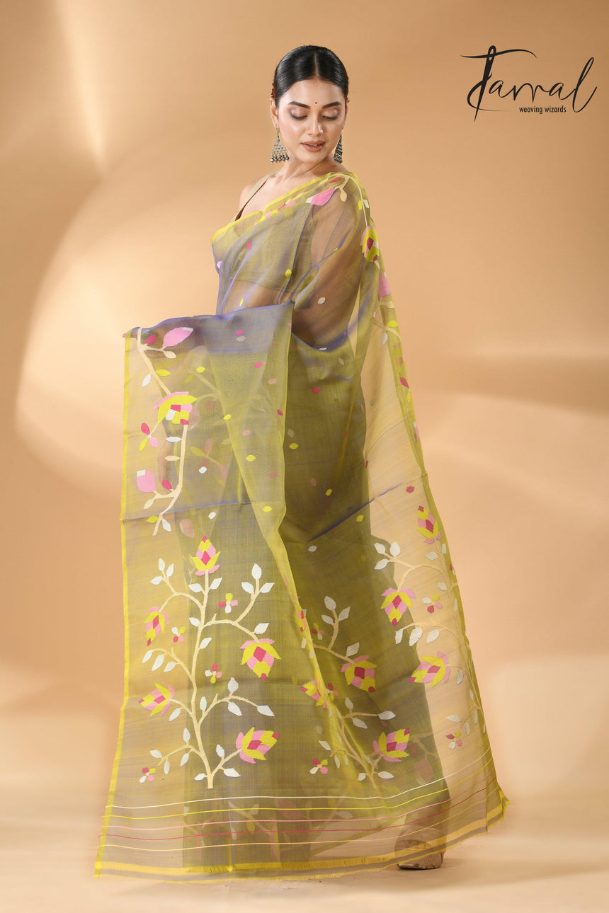 Yellowish blue dual tone muslin silk floral border handwoven jamdani saree - Tamal Boutique