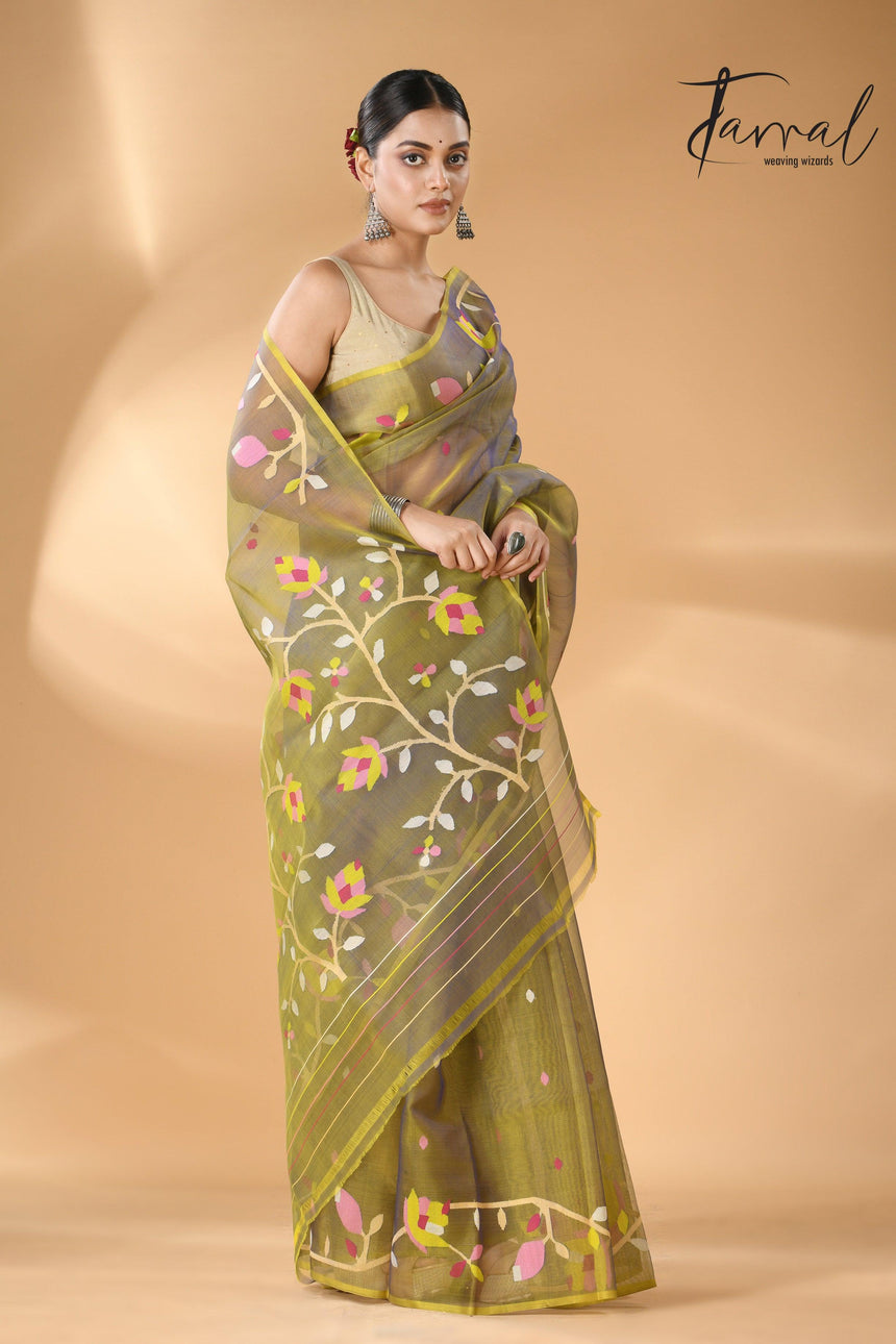 Yellowish blue dual tone muslin silk floral border handwoven jamdani saree - Tamal Boutique