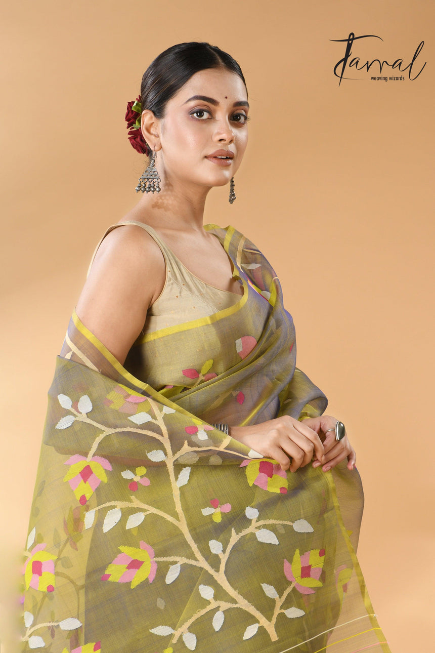 Yellowish blue dual tone muslin silk floral border handwoven jamdani saree - Tamal Boutique