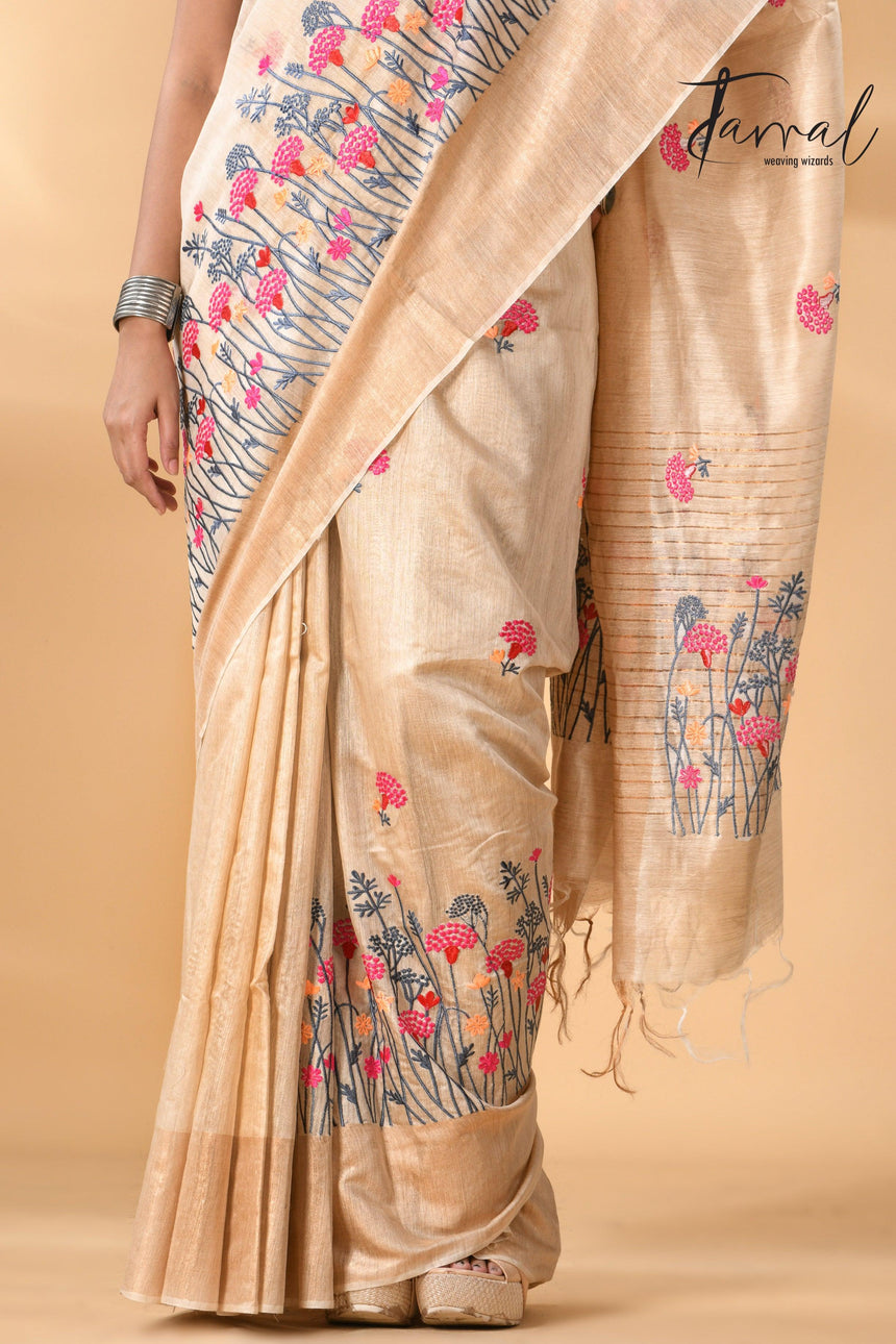 Offwhite with golden zari border bhagolpuri tussar silk embroidered saree - Tamal Boutique