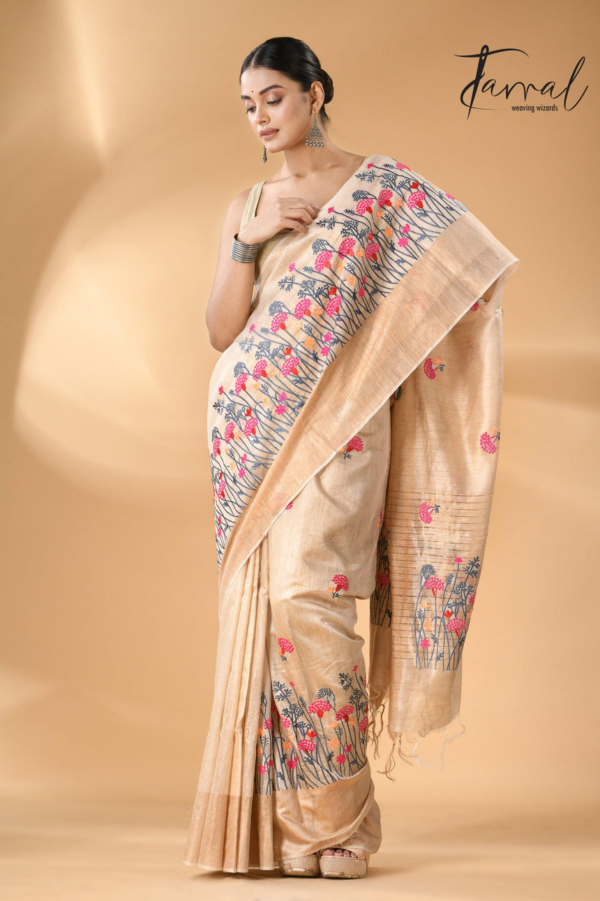 Offwhite with golden zari border bhagolpuri tussar silk embroidered saree - Tamal Boutique