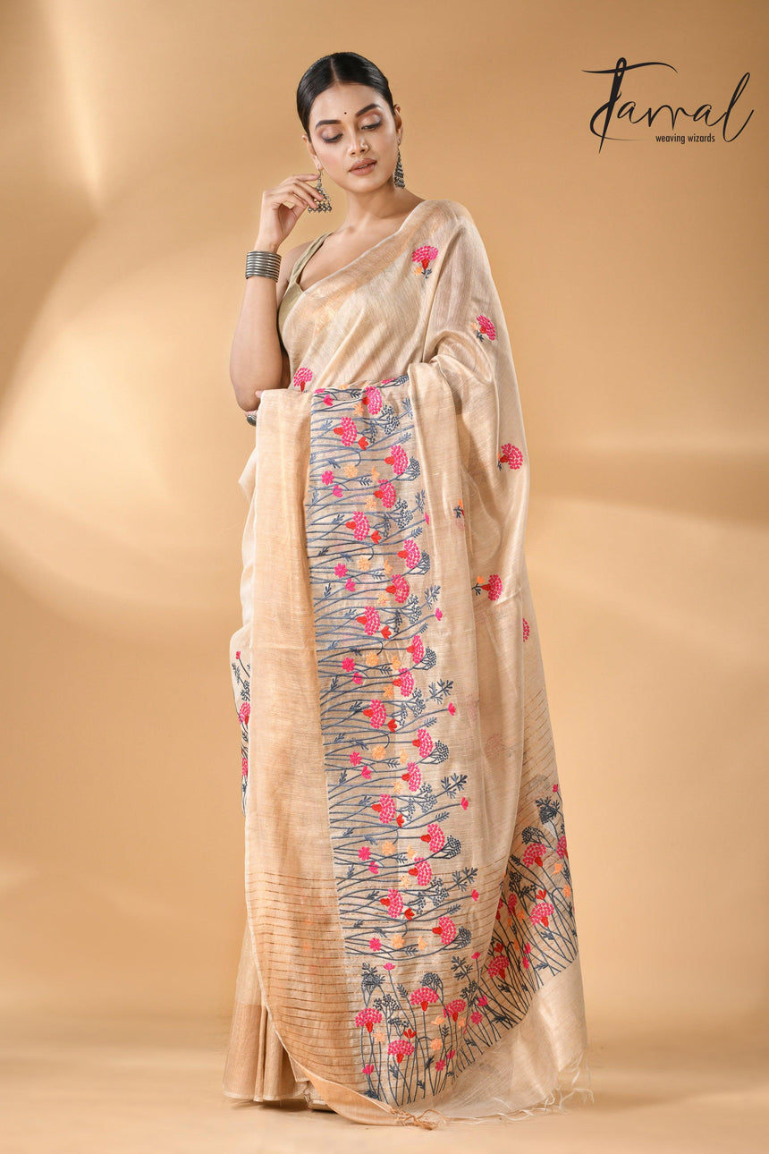 Offwhite with golden zari border bhagolpuri tussar silk embroidered saree - Tamal Boutique