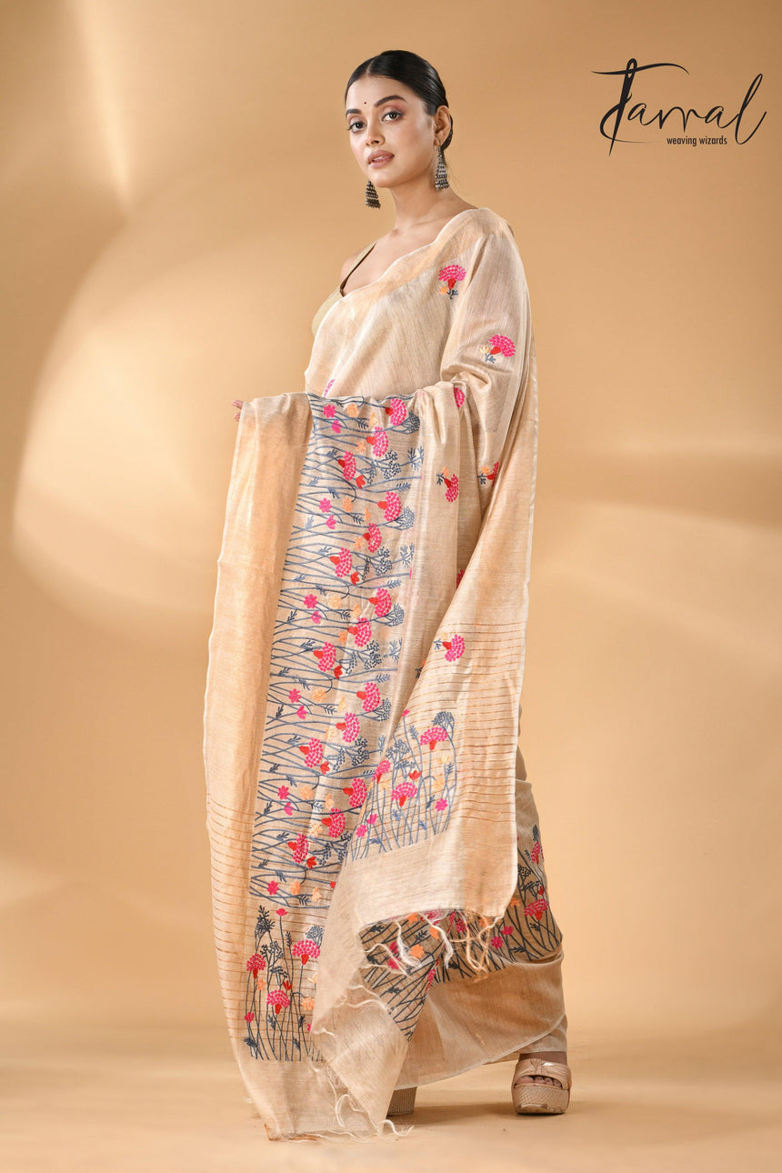 Offwhite with golden zari border bhagolpuri tussar silk embroidered saree - Tamal Boutique