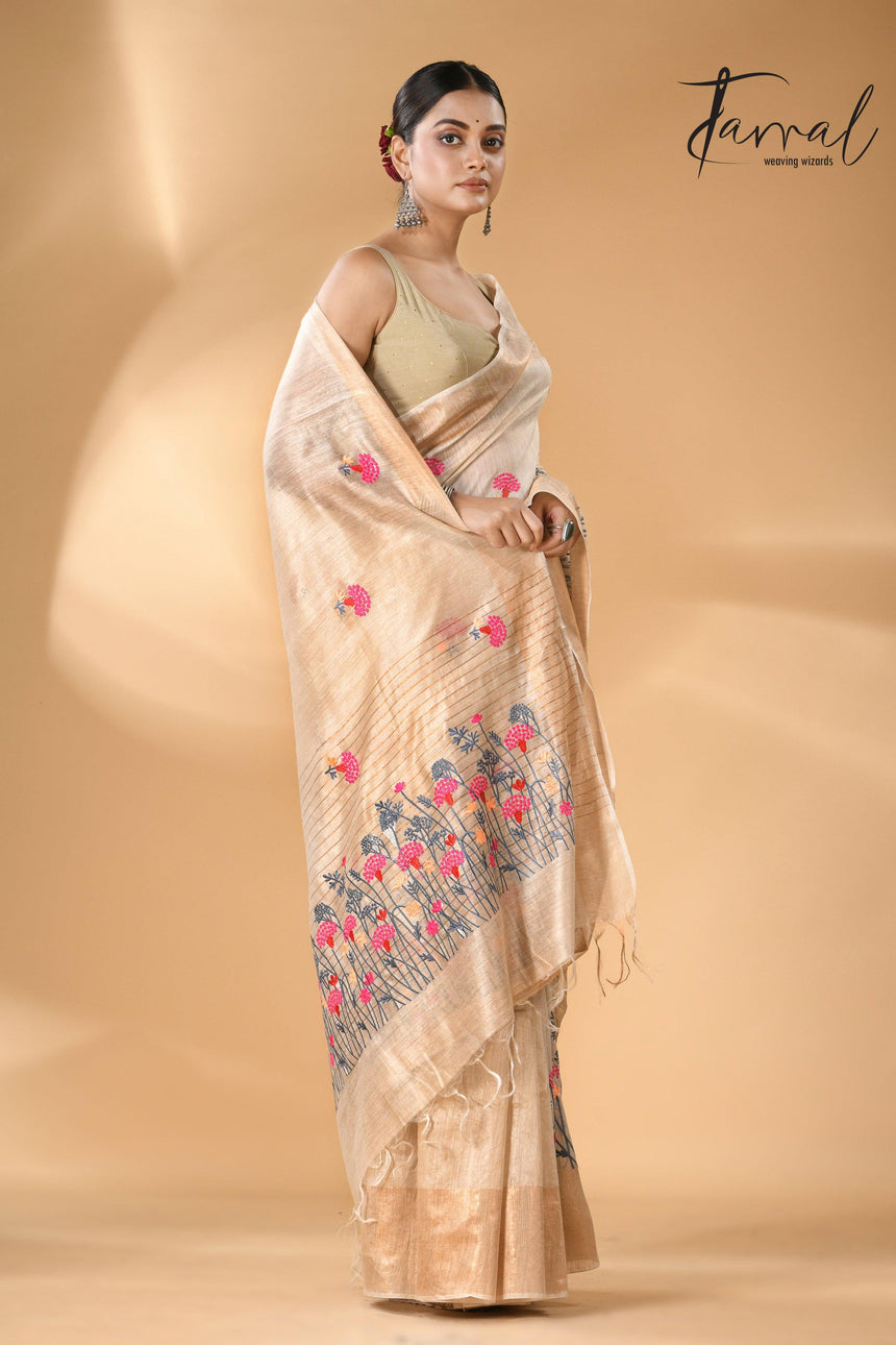 Offwhite with golden zari border bhagolpuri tussar silk embroidered saree - Tamal Boutique