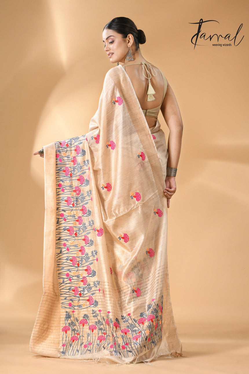 Offwhite with golden zari border bhagolpuri tussar silk embroidered saree - Tamal Boutique