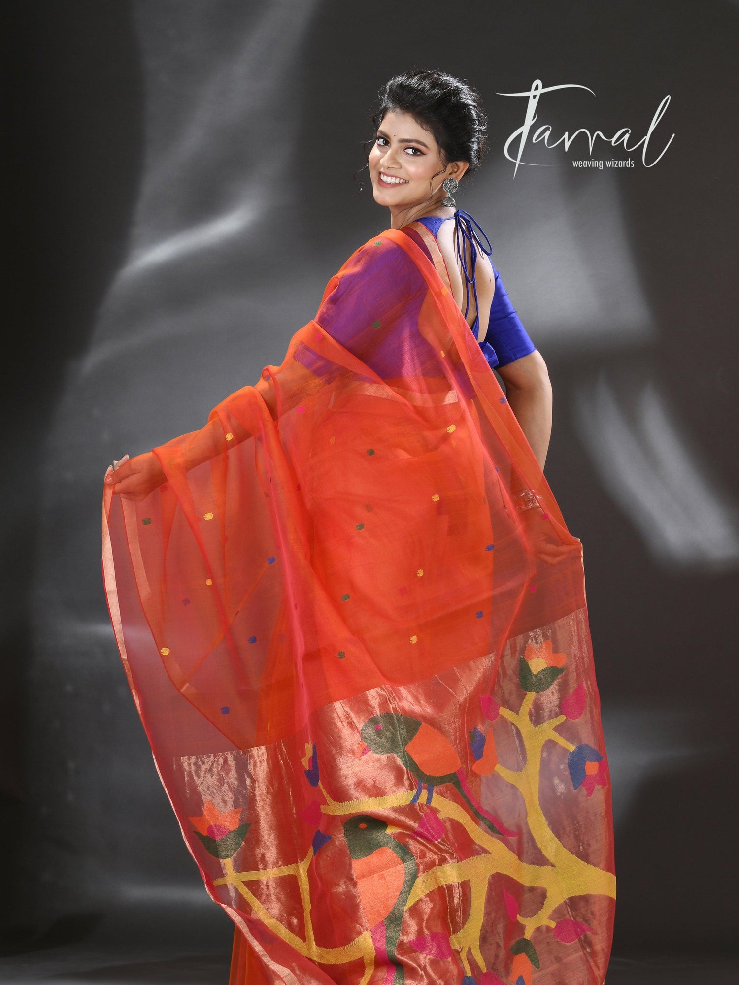 Orange with zari border love bird pure organza silk paithani handwoven jamdani saree - Tamal Boutique