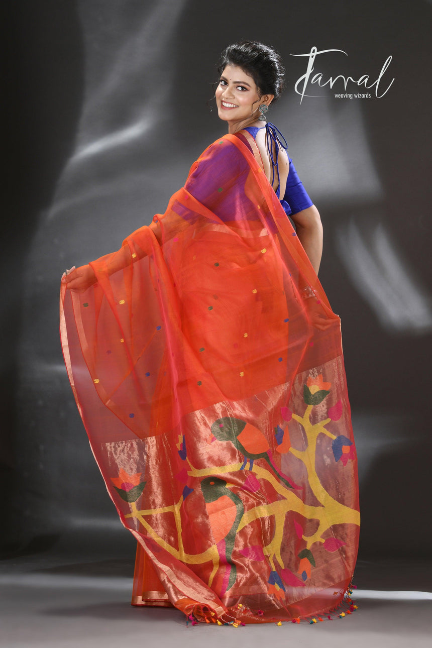 Orange with zari border love bird pure organza silk paithani handwoven jamdani saree - Tamal Boutique
