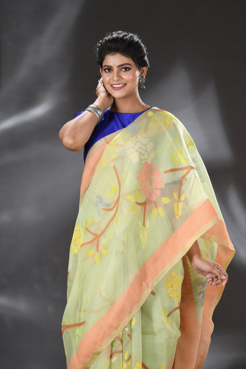 Apple green with multi color allover rose motifs handwoven muslin silk jamdani saree - Tamal Boutique