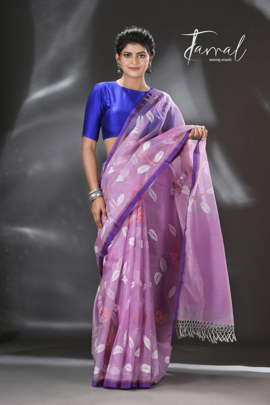 Lavender with purple border rose motifs allover muslin silk hand woven jamdani saree - Tamal Boutique