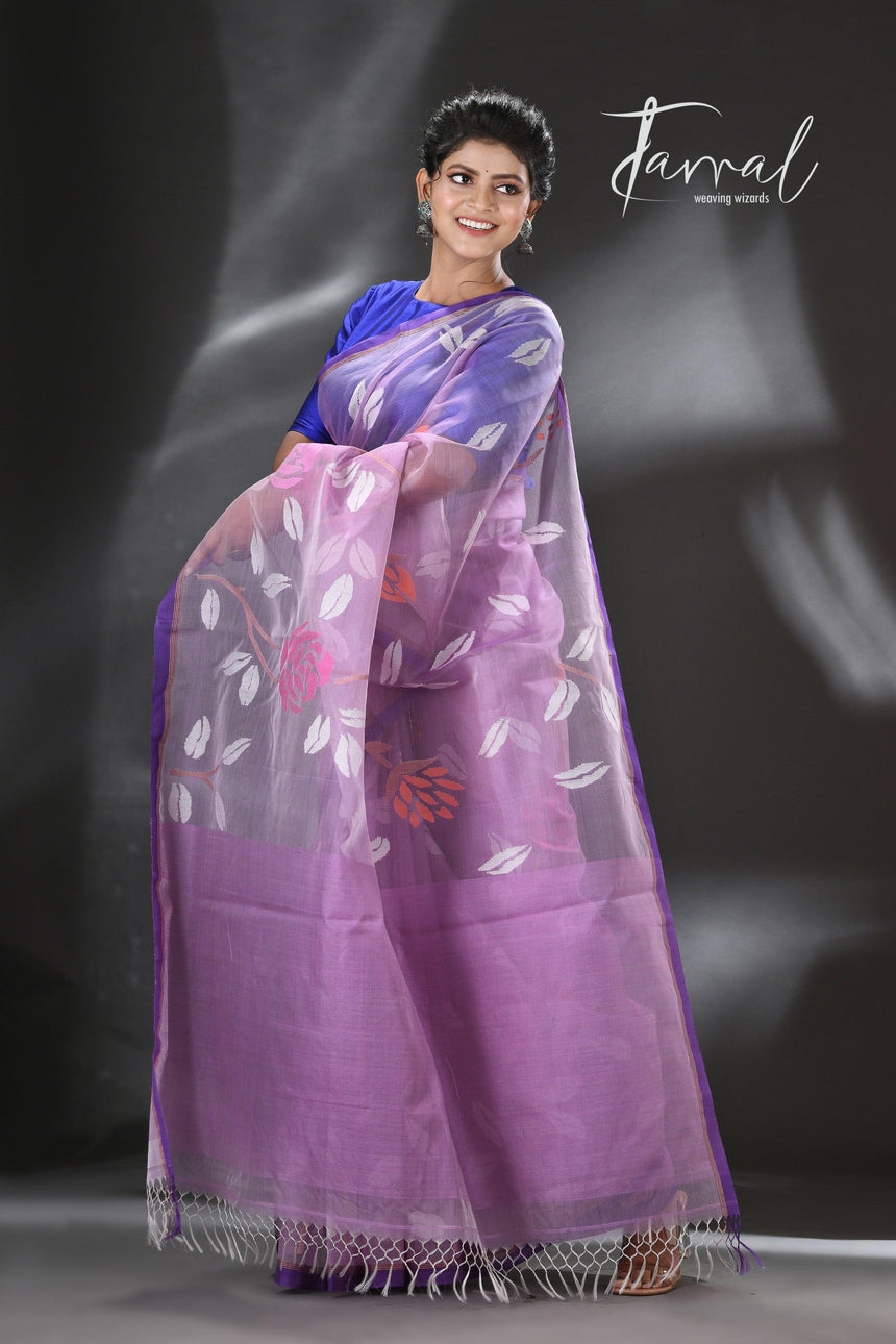 Lavender with purple border rose motifs allover muslin silk hand woven jamdani saree - Tamal Boutique