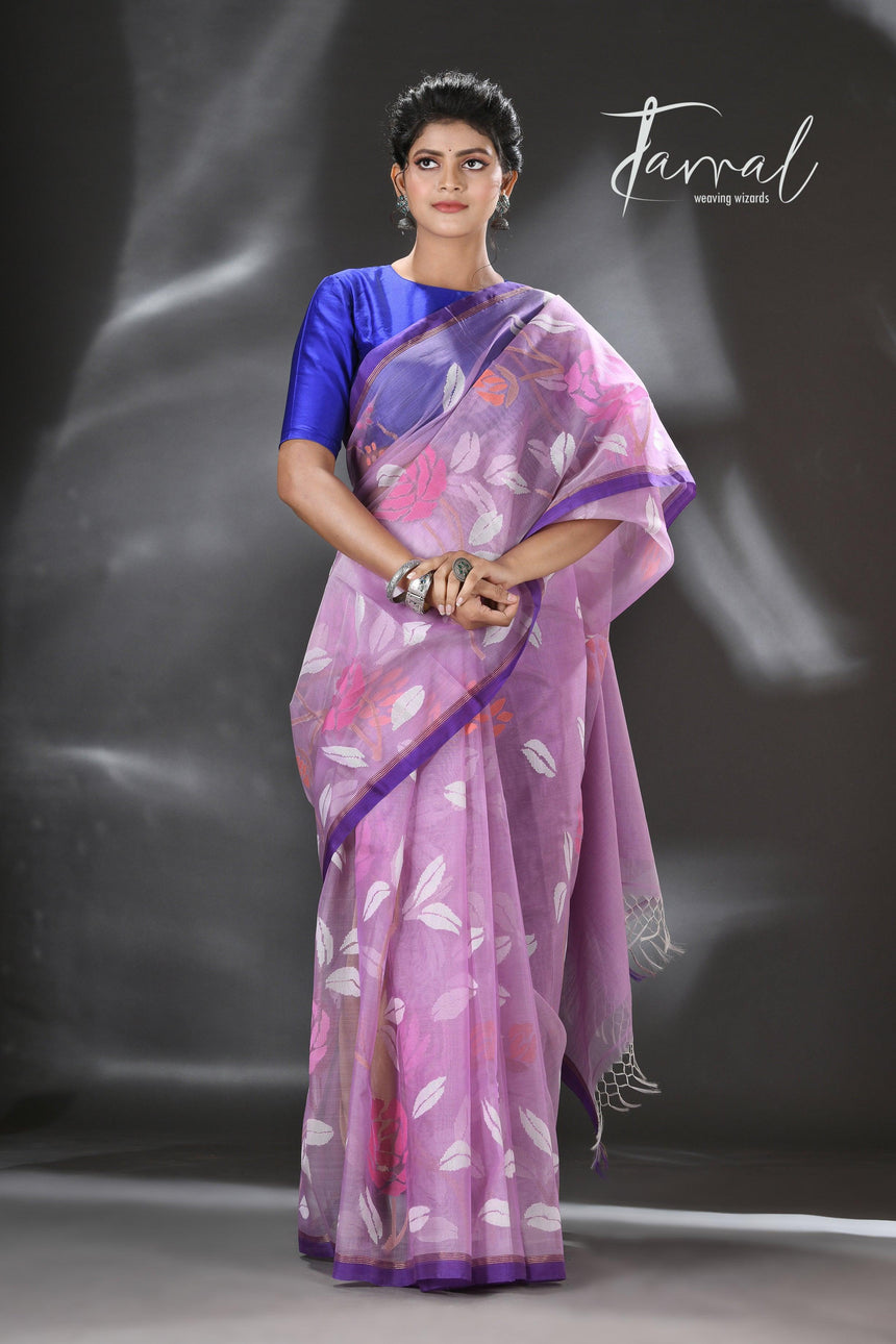 Lavender with purple border rose motifs allover muslin silk hand woven jamdani saree - Tamal Boutique