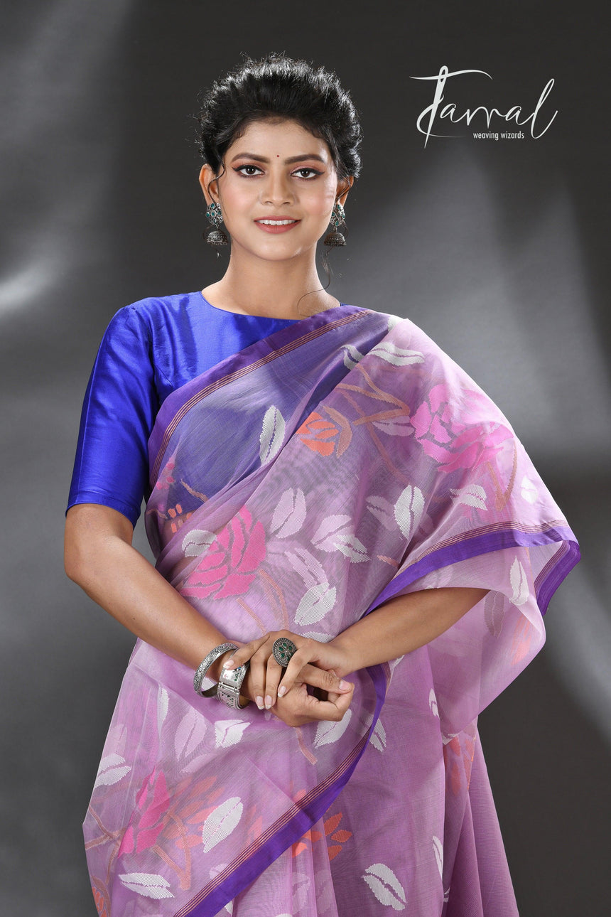 Lavender with purple border rose motifs allover muslin silk hand woven jamdani saree - Tamal Boutique