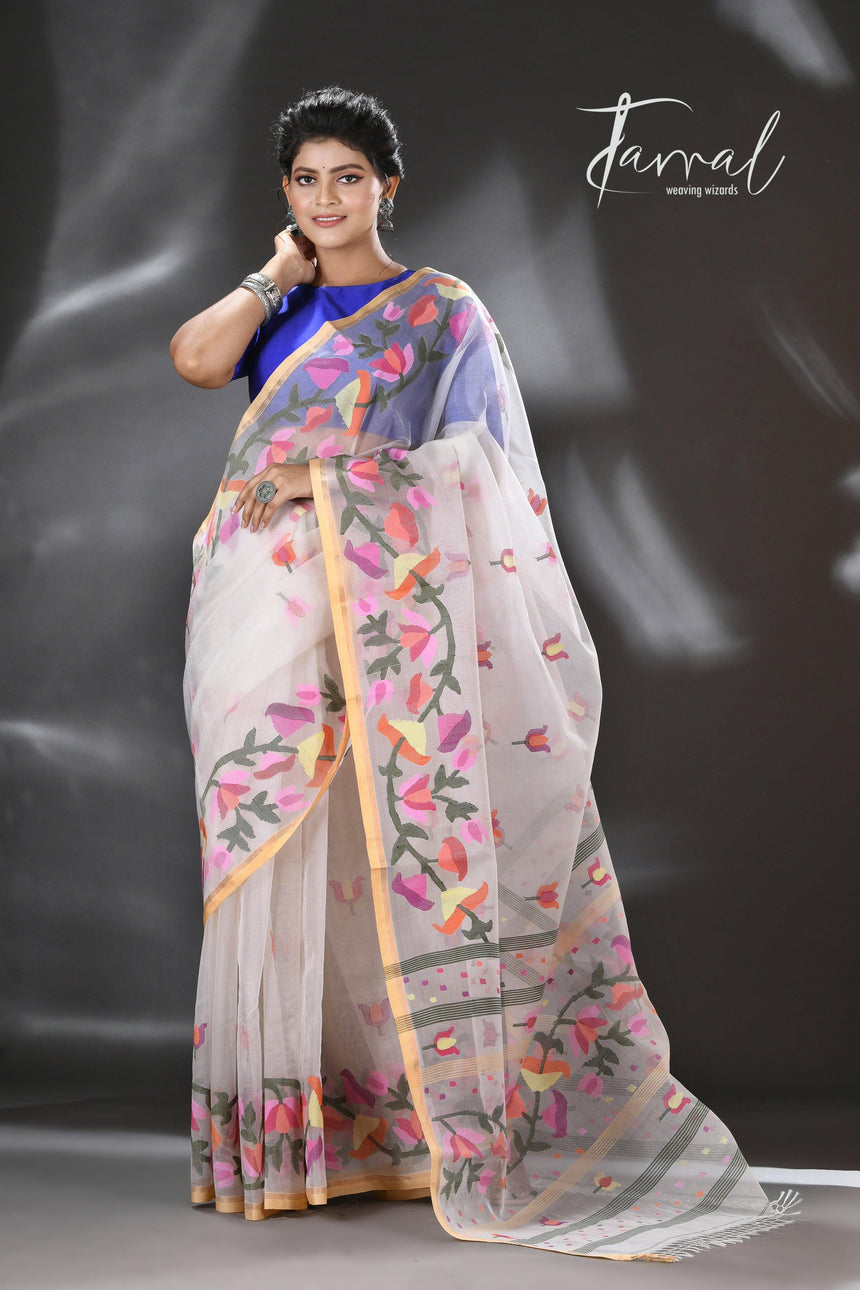 White with multicolour kalmilata floral handwoven muslin silk jamdani saree - Tamal Boutique