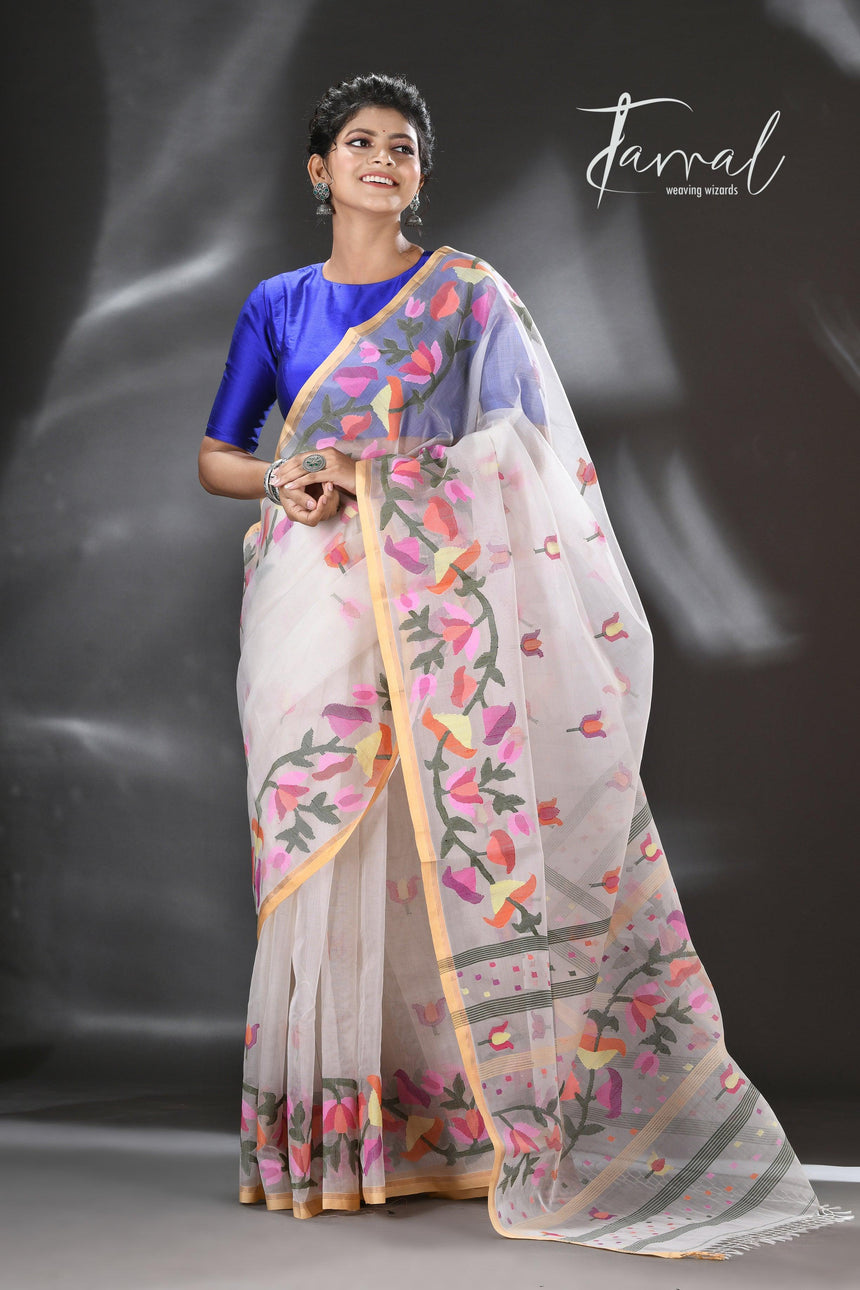 White with multicolour kalmilata floral handwoven muslin silk jamdani saree - Tamal Boutique