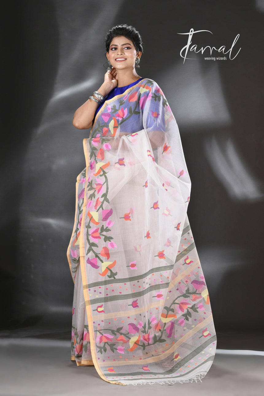 White with multicolour kalmilata floral handwoven muslin silk jamdani saree - Tamal Boutique
