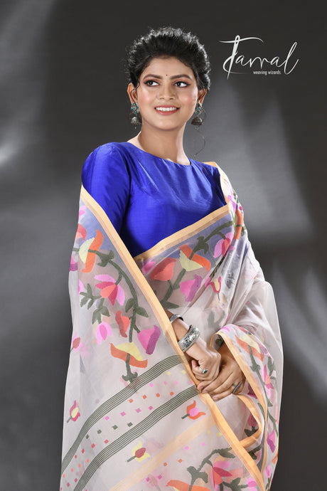 White with multicolour kalmilata floral handwoven muslin silk jamdani saree - Tamal Boutique