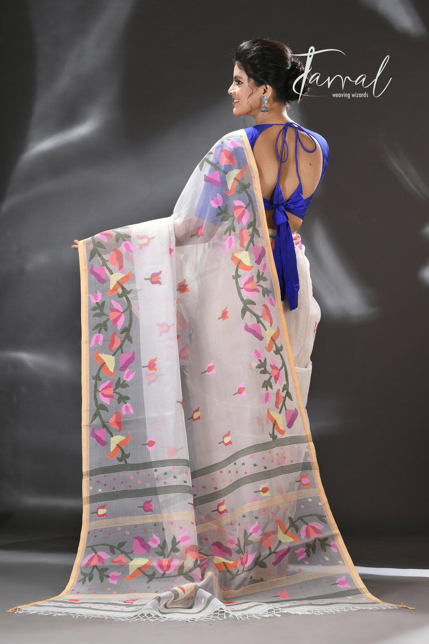 White with multicolour kalmilata floral handwoven muslin silk jamdani saree - Tamal Boutique
