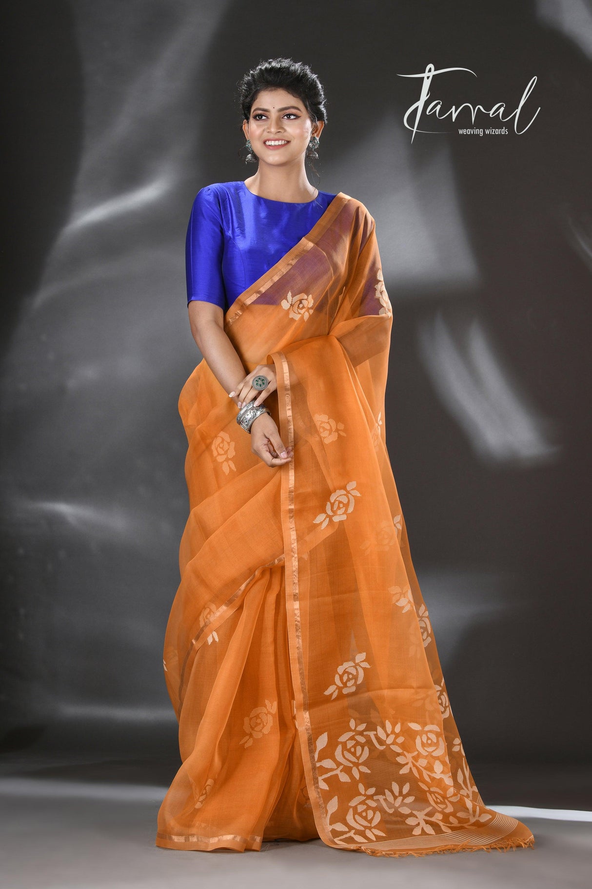 Golden Yellow rose motifs muslin silk handwoven jamdani saree - Tamal Boutique