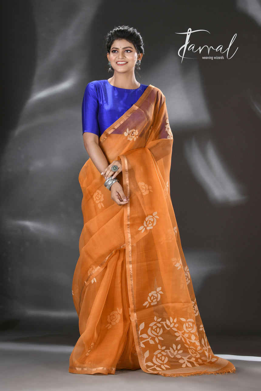 Golden Yellow rose motifs muslin silk handwoven jamdani saree - Tamal Boutique