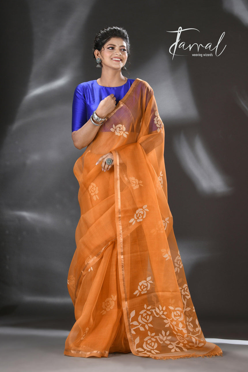 Golden Yellow rose motifs muslin silk handwoven jamdani saree - Tamal Boutique