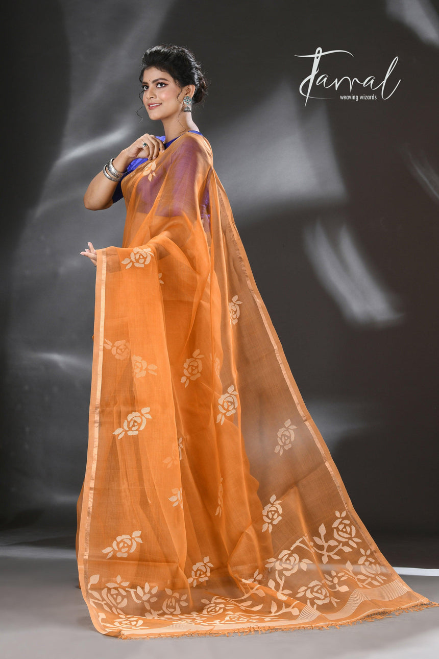 Golden Yellow rose motifs muslin silk handwoven jamdani saree - Tamal Boutique