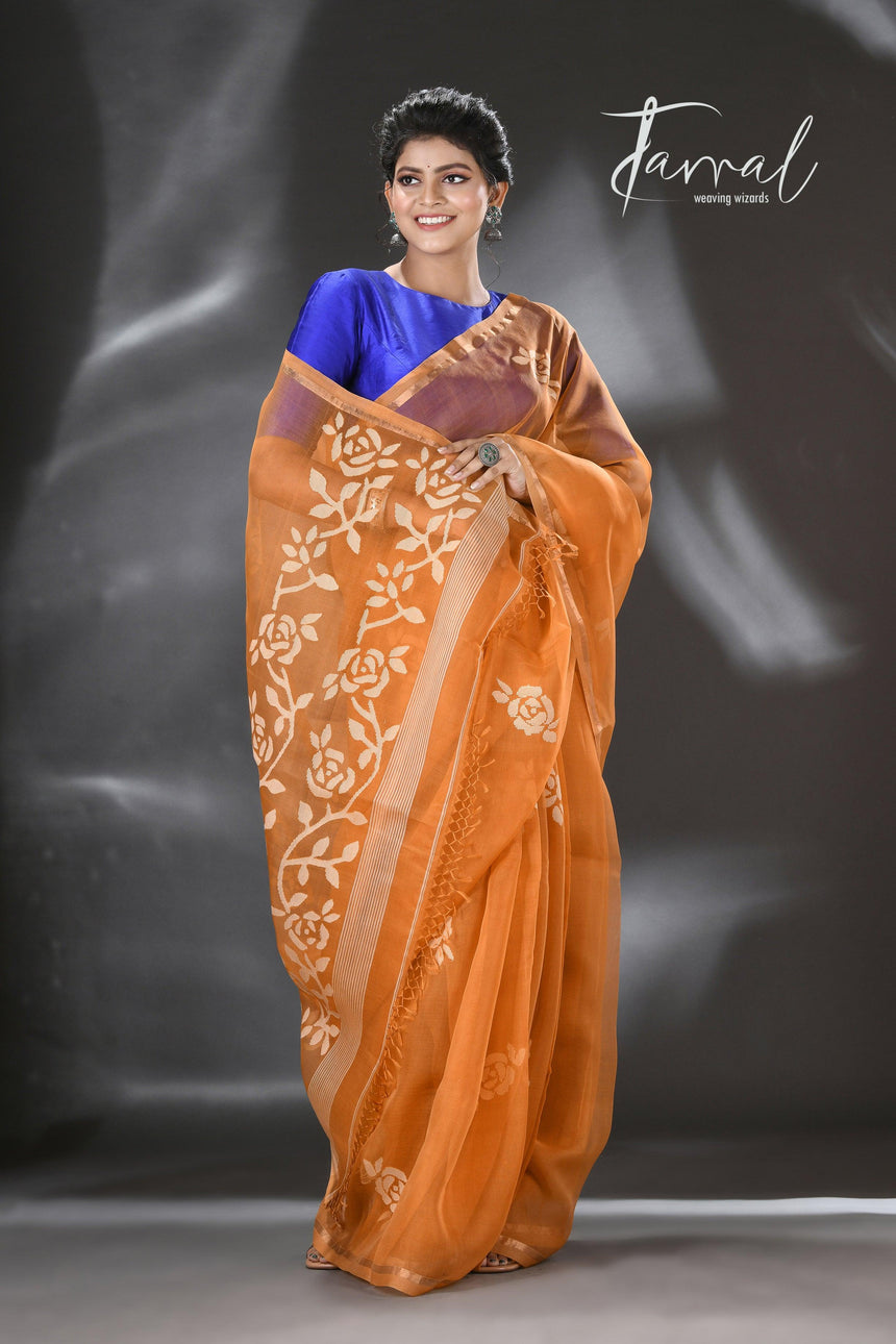Golden Yellow rose motifs muslin silk handwoven jamdani saree - Tamal Boutique