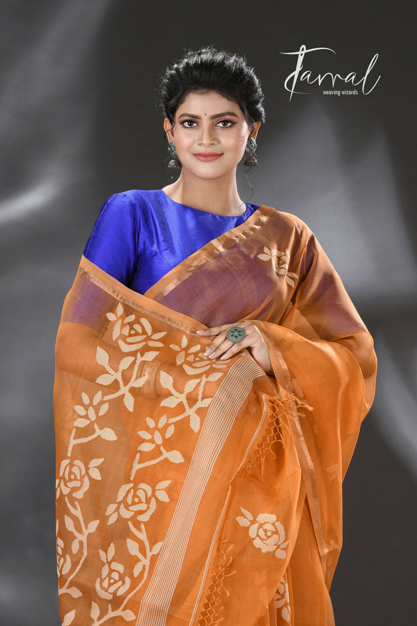Golden Yellow rose motifs muslin silk handwoven jamdani saree - Tamal Boutique