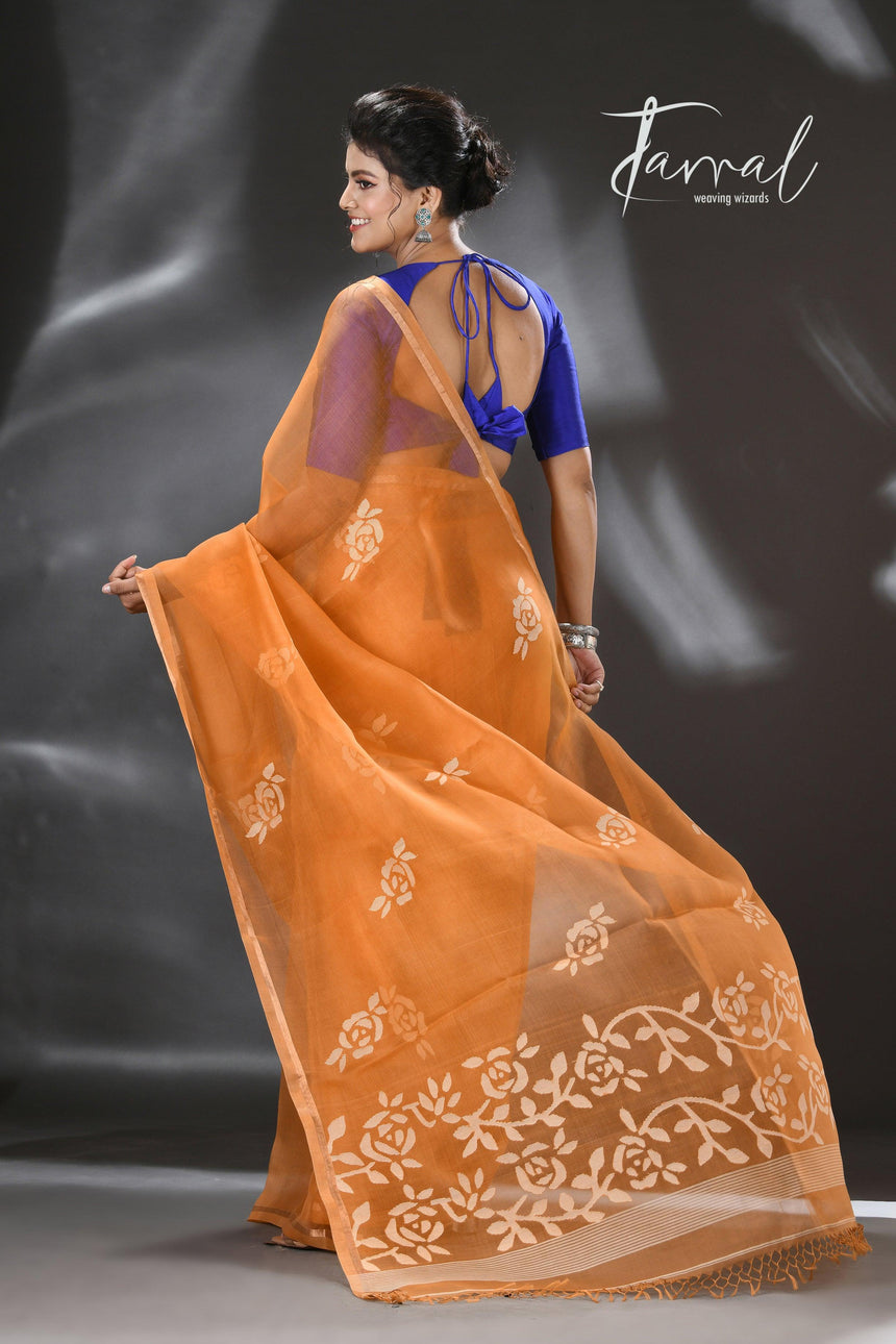 Golden Yellow rose motifs muslin silk handwoven jamdani saree - Tamal Boutique