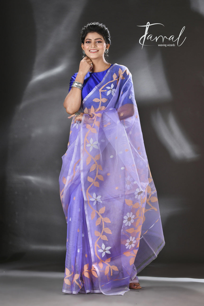 Light lavender colour Lata floral muslin silk handwoven jamdani saree - Tamal Boutique