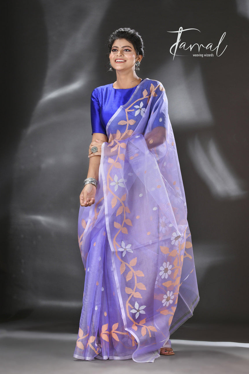 Light lavender colour Lata floral muslin silk handwoven jamdani saree - Tamal Boutique