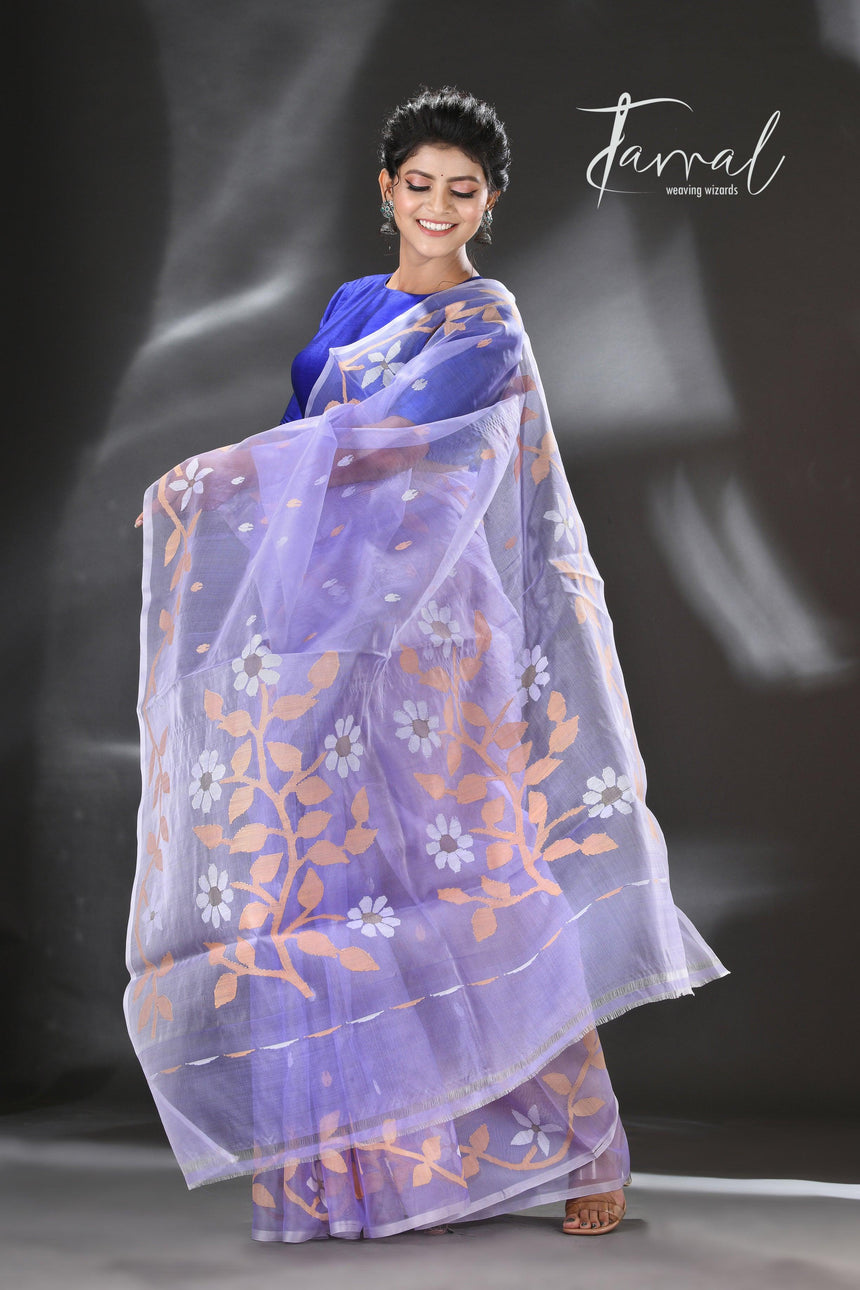 Light lavender colour Lata floral muslin silk handwoven jamdani saree - Tamal Boutique