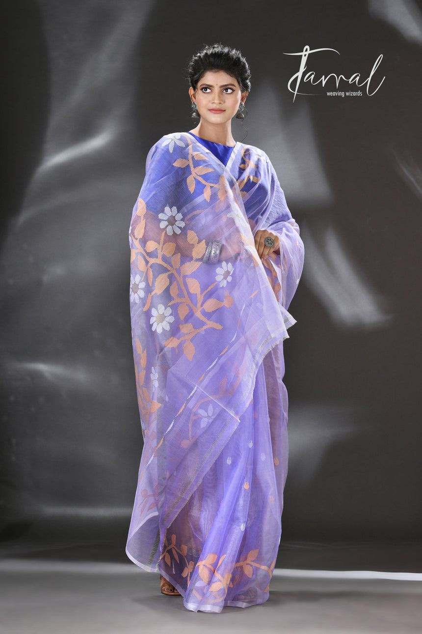 Light lavender colour Lata floral muslin silk handwoven jamdani saree - Tamal Boutique