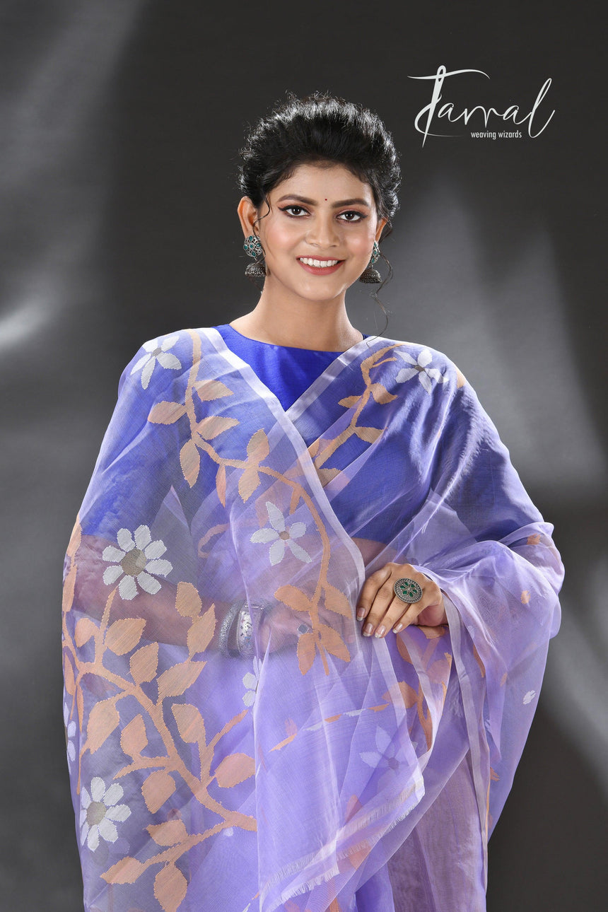 Light lavender colour Lata floral muslin silk handwoven jamdani saree - Tamal Boutique