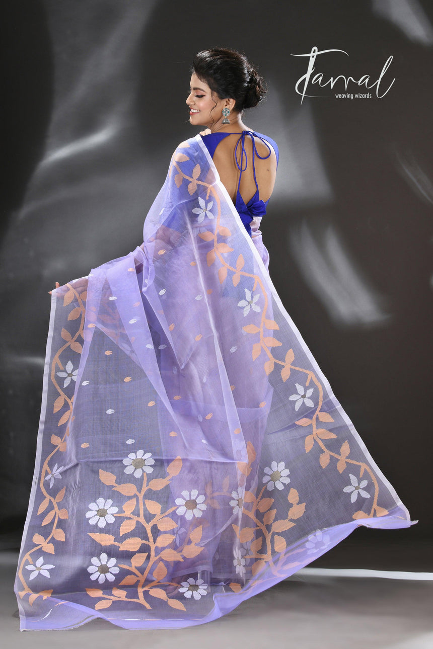 Light lavender colour Lata floral muslin silk handwoven jamdani saree - Tamal Boutique
