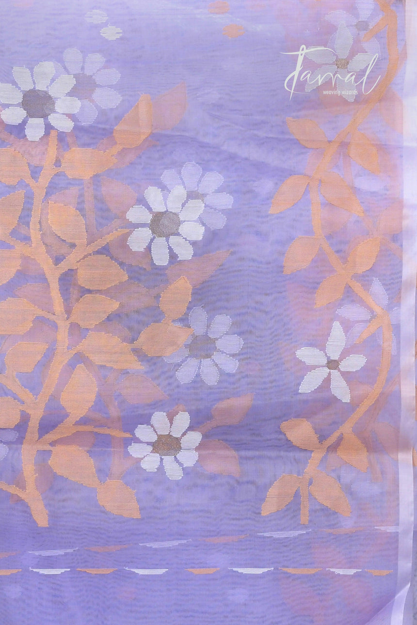 Light lavender colour Lata floral muslin silk handwoven jamdani saree - Tamal Boutique
