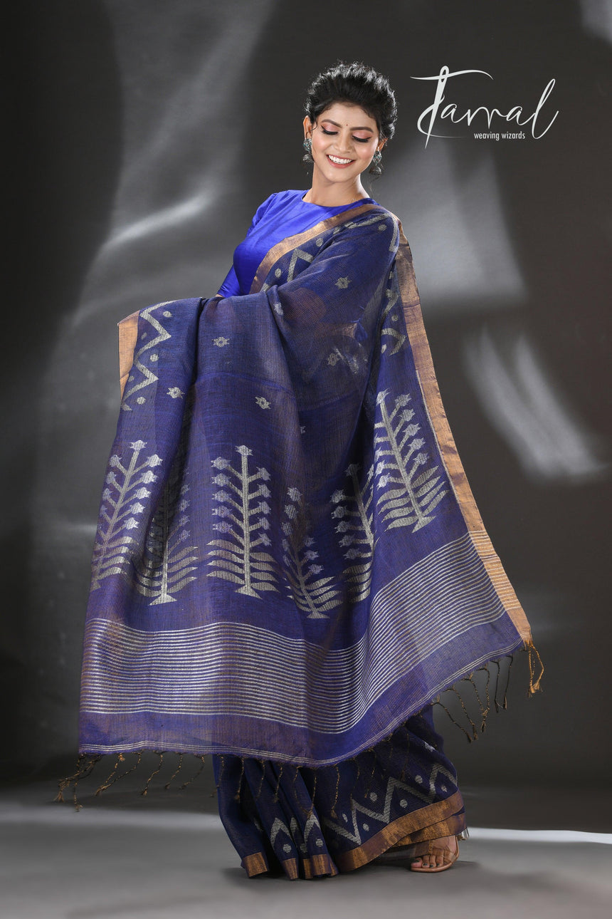 Indigo golden zari border tissue linen temple floral design handwoven jamdani saree - Tamal Boutique