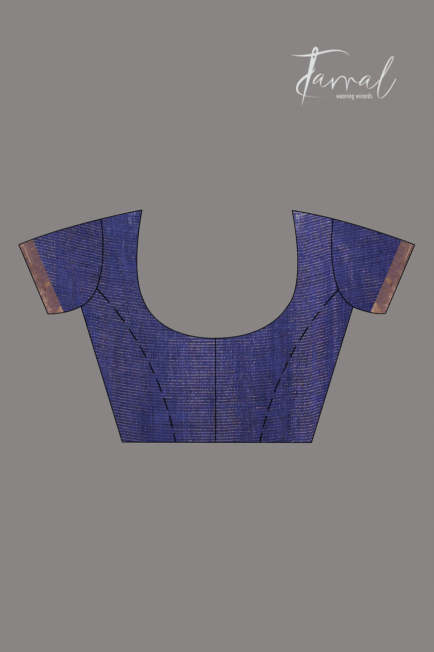 Indigo golden zari border tissue linen temple floral design handwoven jamdani saree - Tamal Boutique