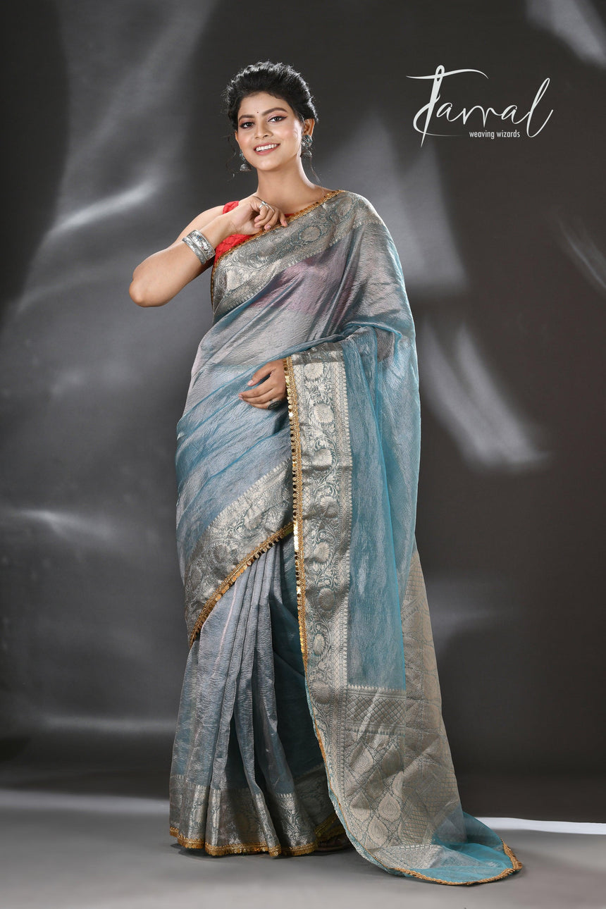 Silver sky with sequins crape tissue silk Banarasi handloom saree - Tamal Boutique