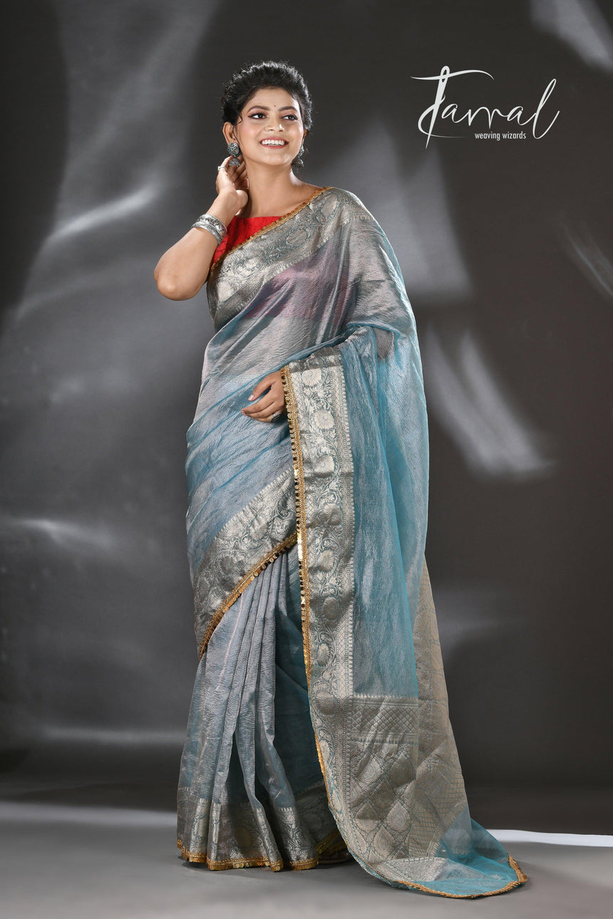 Silver sky with sequins crape tissue silk Banarasi handloom saree - Tamal Boutique