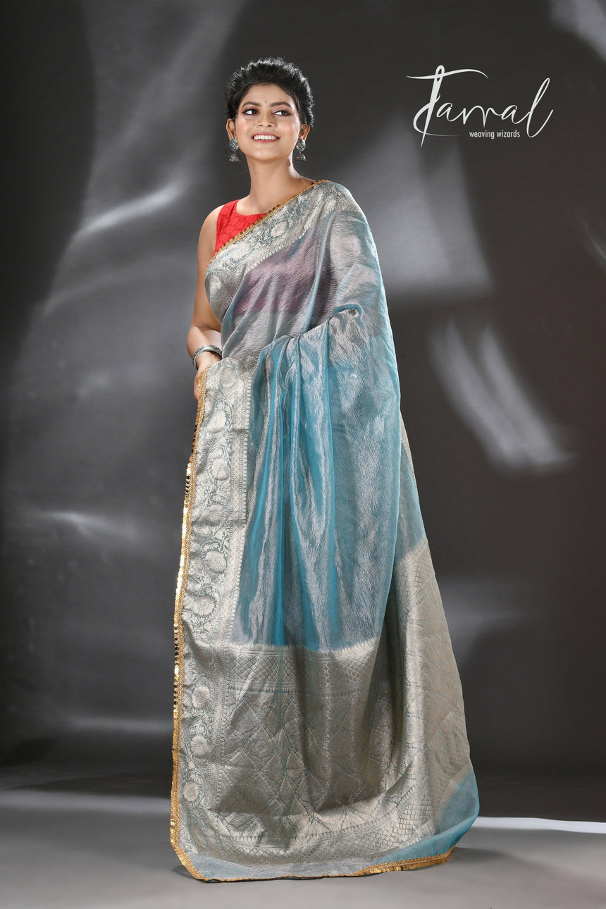 Silver sky with sequins crape tissue silk Banarasi handloom saree - Tamal Boutique
