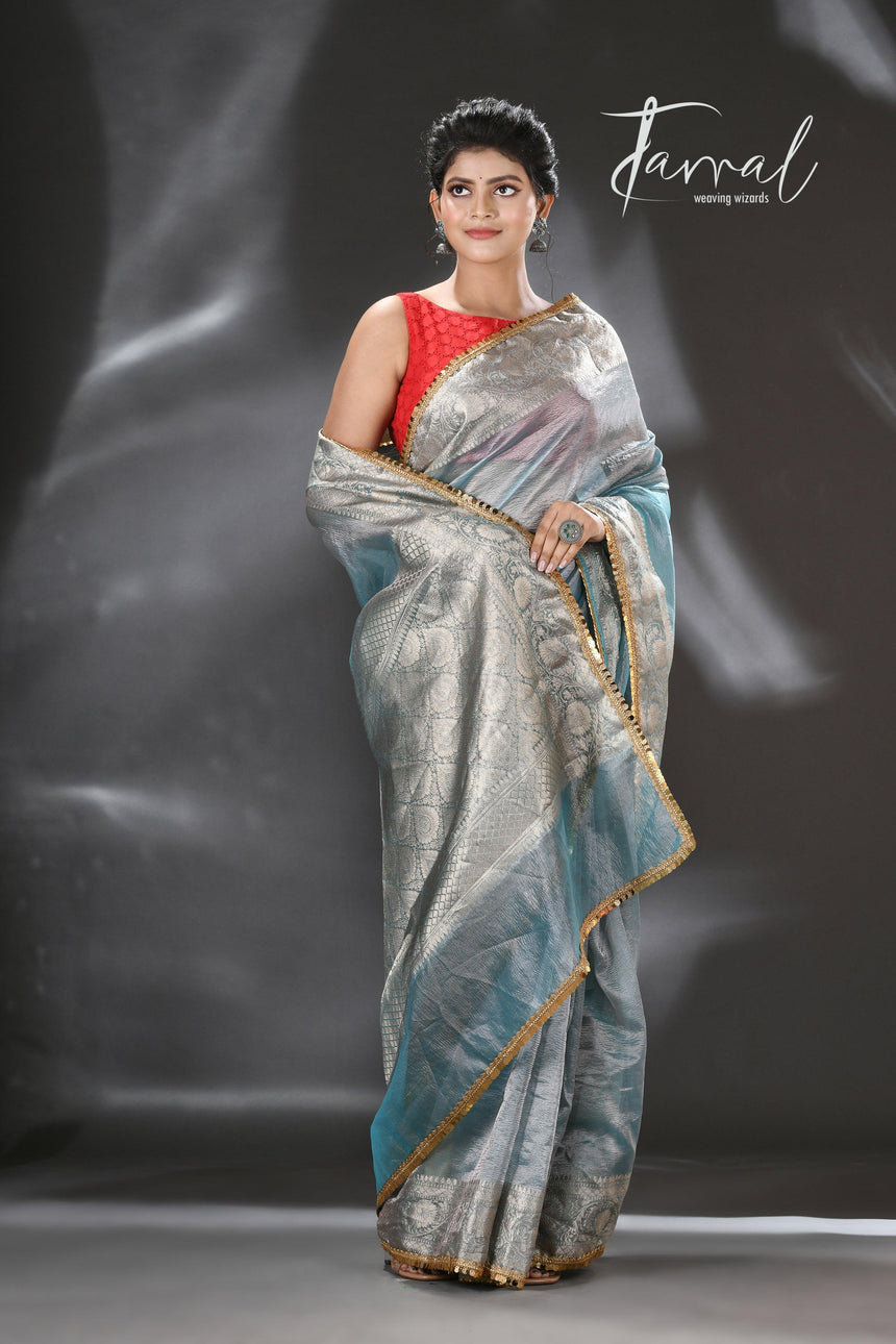 Silver sky with sequins crape tissue silk Banarasi handloom saree - Tamal Boutique