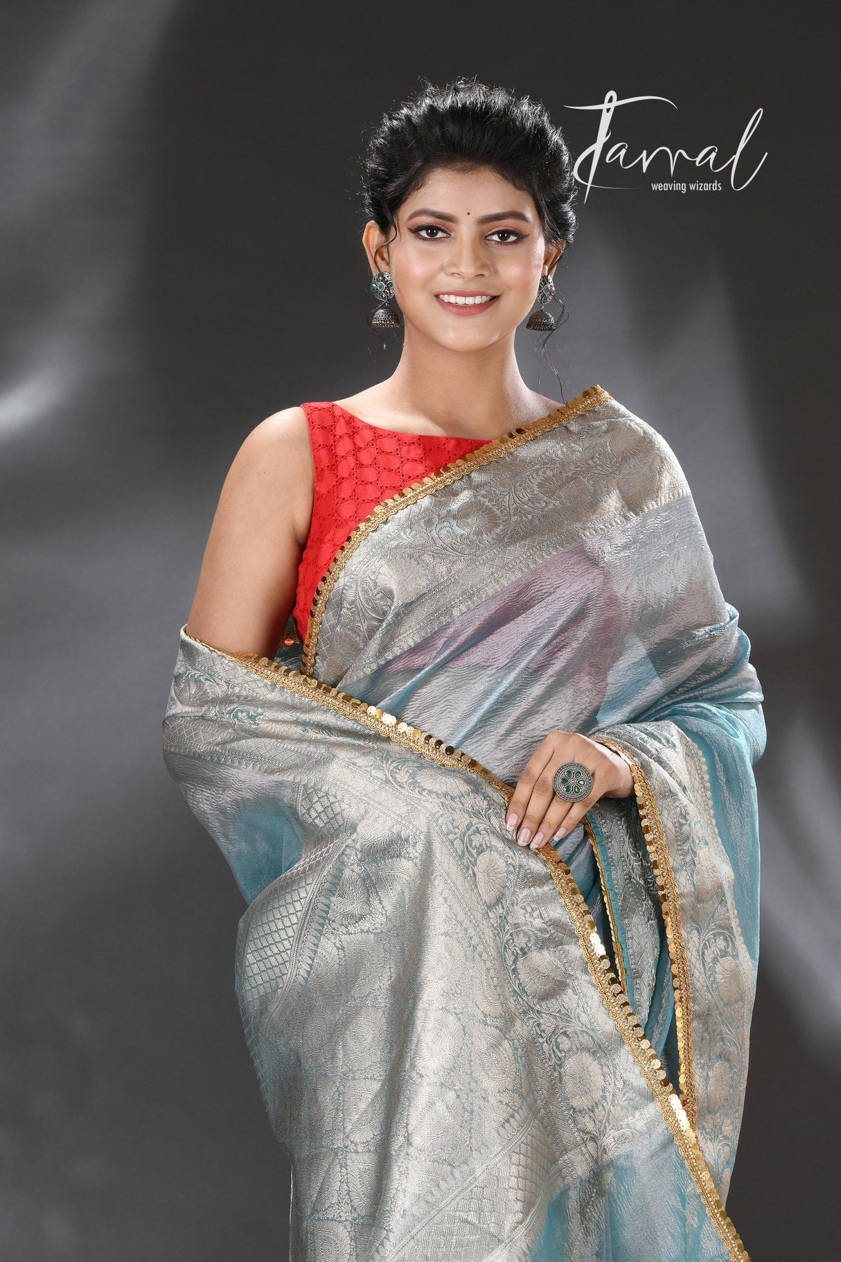 Silver sky with sequins crape tissue silk Banarasi handloom saree - Tamal Boutique