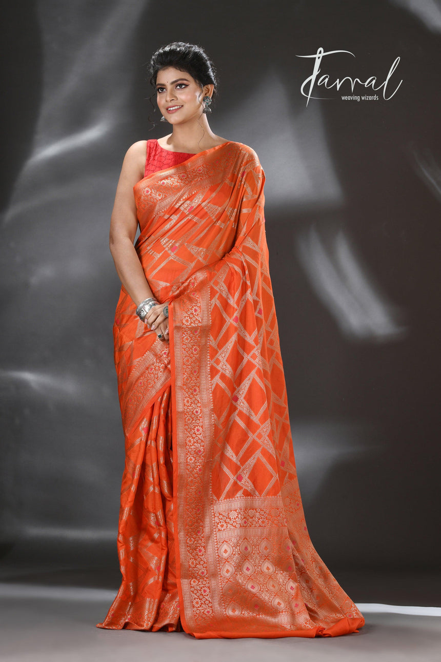 Orange with golden zari banarasi silk saree - Tamal Boutique