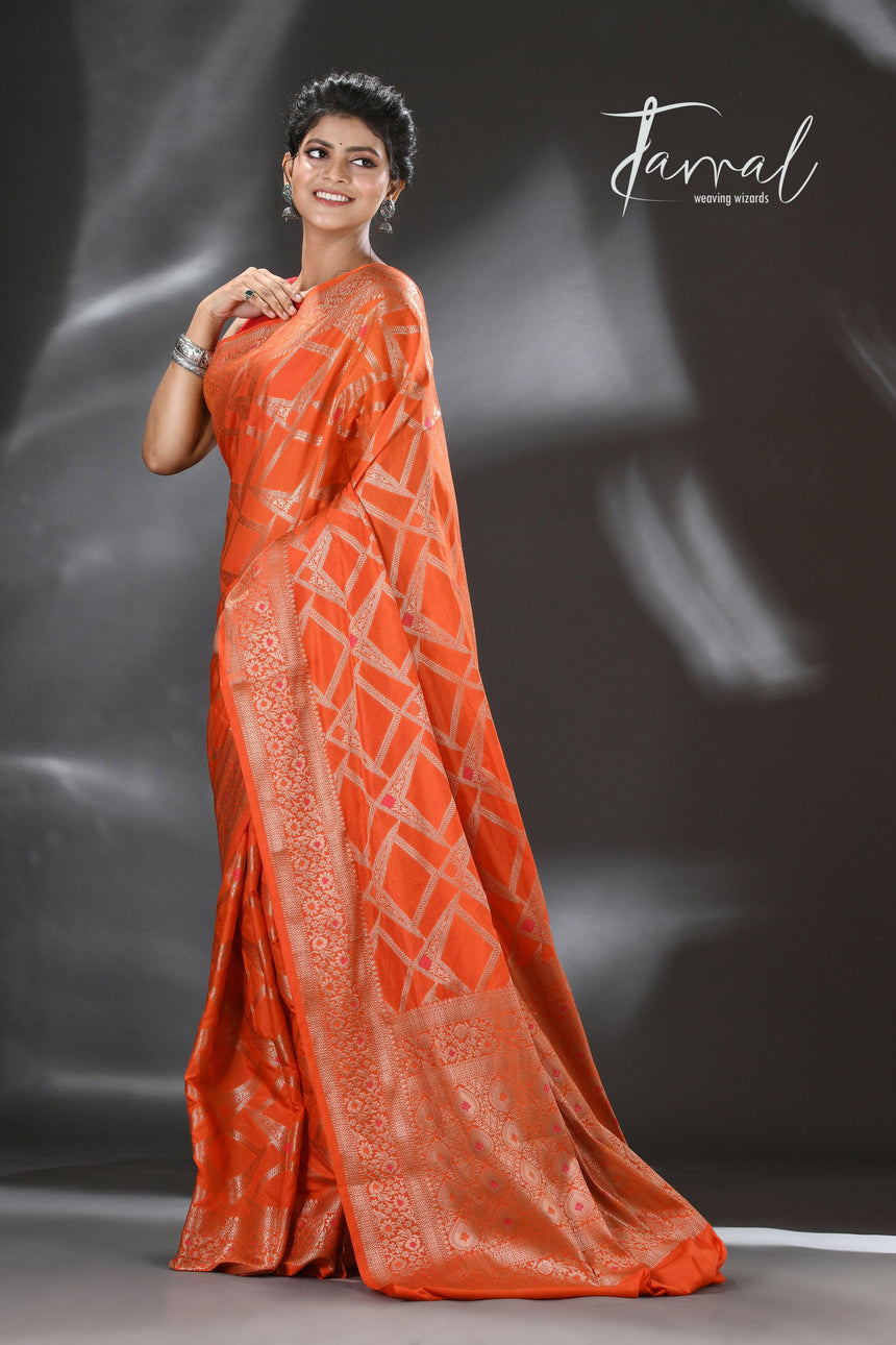 Orange with golden zari banarasi silk saree - Tamal Boutique